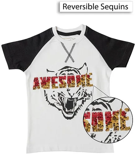 Kid Studio Half Sleeves Reversible Sequinned Fox Print Tee - White