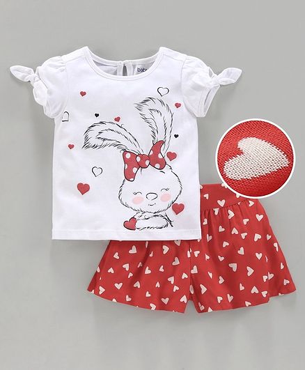 Babyoye Cotton Short Sleeves Top with Shorts Bunny Print - White Red
