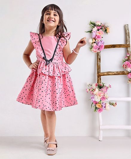 Babyoye Flutter Sleeves Party Wear Frock Star Print - Pink