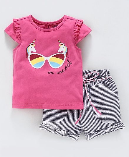 Babyoye Cotton Cap Sleeves Top & Shorts Unicorn Glares Print - Pink Black