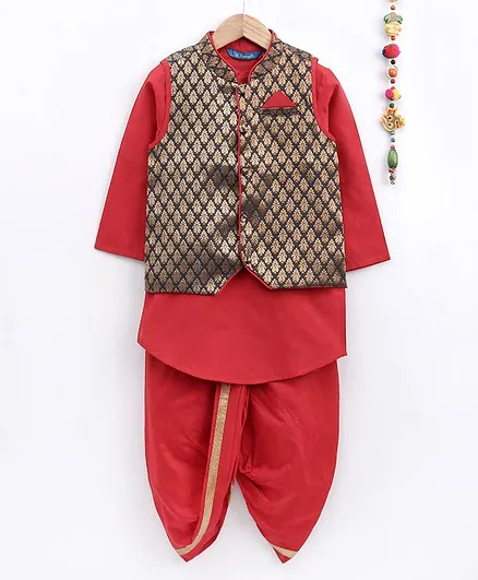 Lil Peacock Full Sleeves Kurta With Dhoti & Brocade Jacket - Maroon