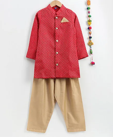 Lil Peacock Full Sleeves Polka Dot Print Kurta With Pyjama - Red Golden