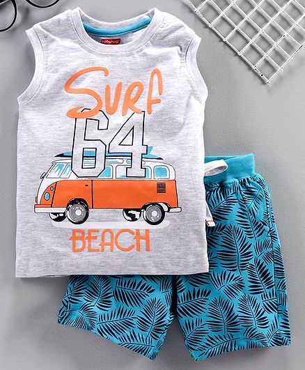 Babyhug Sleeveless Tee with Shorts Vehicle Print - Grey Green Orange