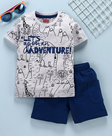 Babyhug Half Sleeves Tee & Shorts Adventure Print - Light Grey Blue