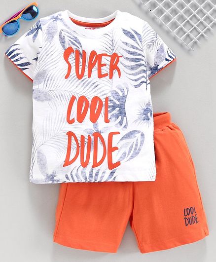 Babyhug Half Sleeves Tee & Shorts Text Print - White Orange
