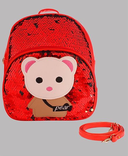 Daizy Teady Bear Patch Detailed sequin Bag With Detachable Belt - Red