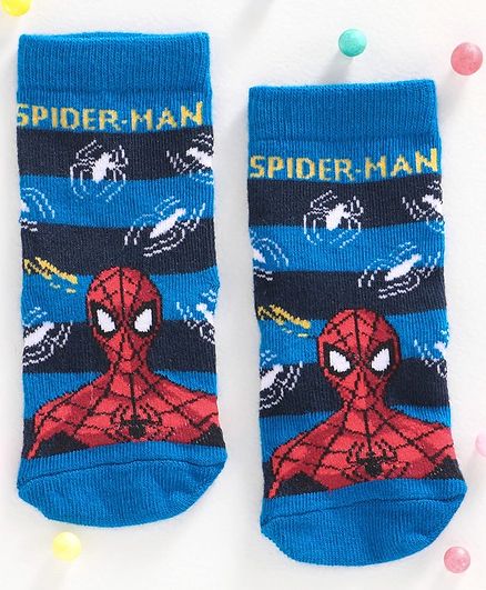 Cute Walk by Babyhug Antibacterial Ankle Length Stripe Socks Spider Man Design - Blue