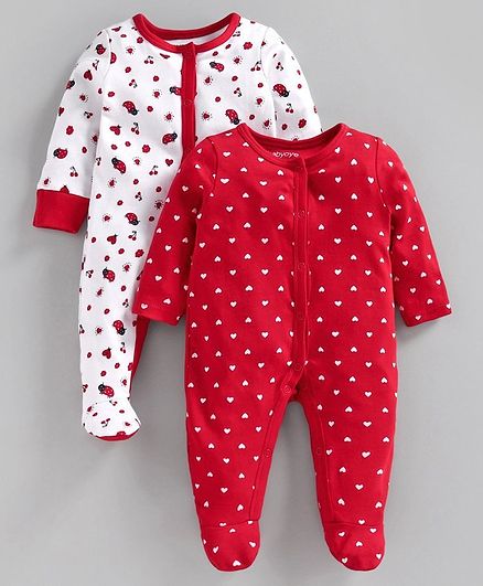 Babyoye Cotton Full Sleeves Footed Sleepsuit Heart Print Pack of 2 - White Red