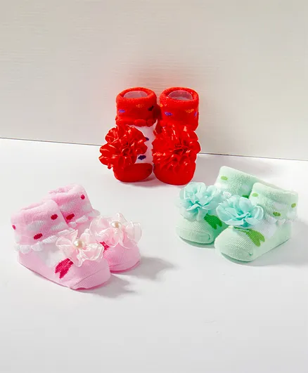 Cute Walk by Babyhug Socks Shoes Pack of 3 - Pink Green Red
