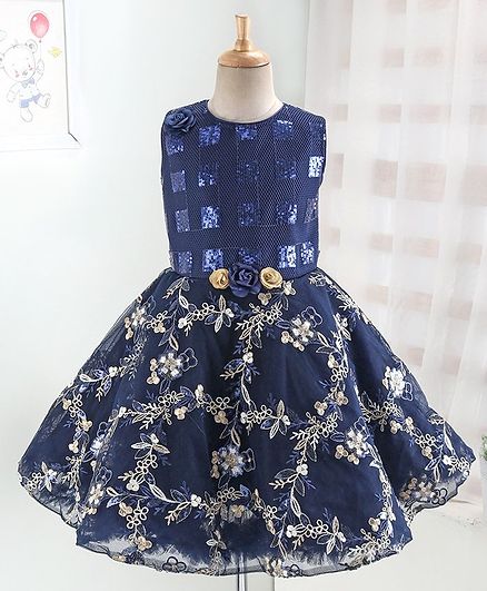 Enfance Sleeveless Flower Embroidered Sequinned Fit & Flare Dress - Dark Blue