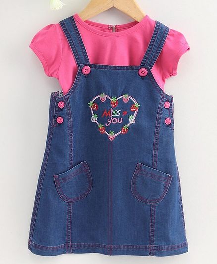 Enfance Core Solid Short Sleeves tee With Strawberry Embroidery Detailing Dungaree Style Dress - Pink & Blue