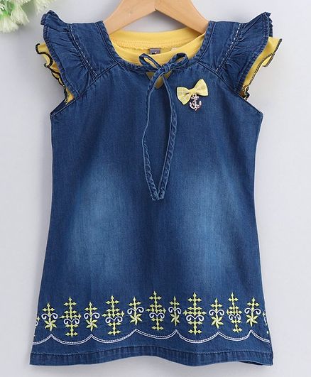 Enfance Core Solid Cap Sleeves Top With Embroidery Detailing Dress - Yellow