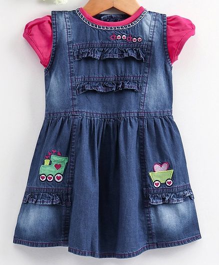 Enfance Core Solid Cap Sleeves Top With Train Patch Detailing Dress - Pink & Blue
