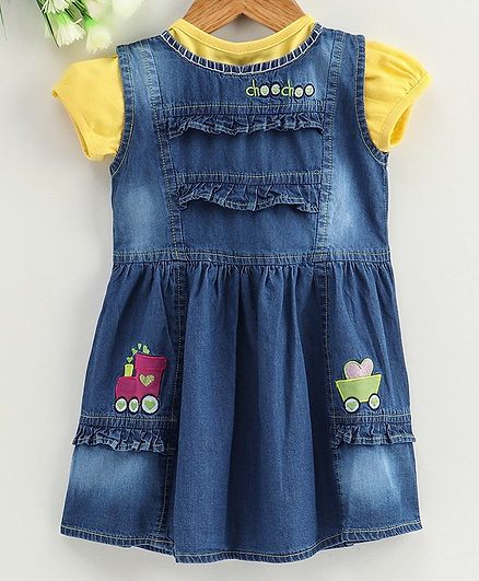 Enfance Core Solid Cap Sleeves Top With Train Patch Detailing Dress - Yellow & Blue