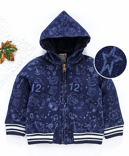 Under Fourteen Only Full Sleeves Conversational Print Hooded Jacket - Dark Blue