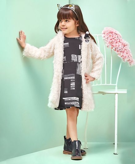 Enfance Printed A Line Dress With Full Sleeves Long Jacket - Cream & Black