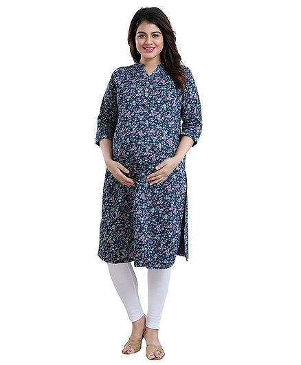Mamma's Maternity Three Fourth Sleeves Floral Print Nursing Kurta - Blue & Purple