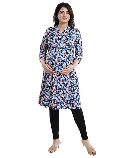 Mamma's Maternity Three Fourth Sleeves Abstract Print Nursing Kurta - Blue & Peach