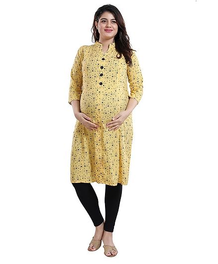 Mamma's Maternity Three Fourth Sleeves All Over Triangle Printed Nursing Kurta - Yellow