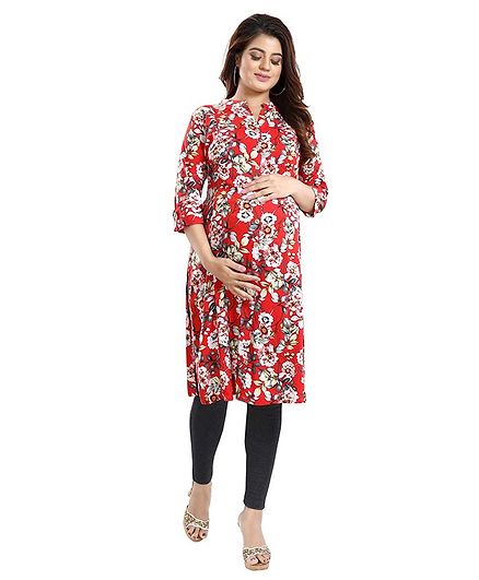 Mamma's Maternity Three Fourth Sleeves Floral Print Nursing Kurta - Red