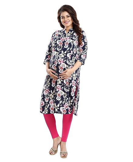 Mamma's Maternity Three Fourth Sleeves Floral Print Nursing Kurta - Navy Blue