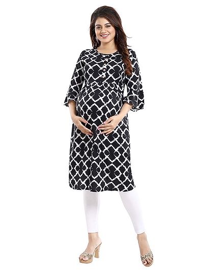 Mamma's Maternity Three Fourth Sleeves Geometric Print Nursing Kurta - Black