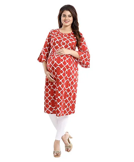 Mamma's Maternity Three Fourth Sleeves Geometric Print Nursing Kurta - Red