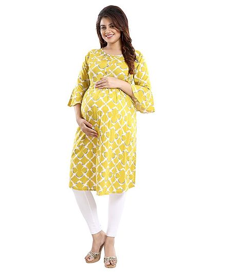 Mamma's Maternity Three Fourth Sleeves Geometric Print Nursing Kurta - Yellow