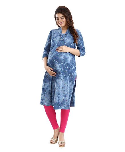Mamma's Maternity Three Fourth Sleeves Leaves Printed Nursing Kurta - Blue