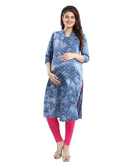 Mamma's Maternity Three Fourth Sleeves Leaves Printed Nursing Kurta - Blue