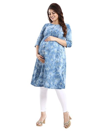 Mamma's Maternity Three Fourth Sleeves Floral Print Nursing Kurta - Light Blue