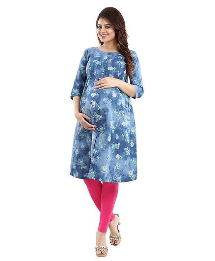 Mamma's Maternity Three Fourth Sleeves Floral Print Nursing Kurta - Light Blue