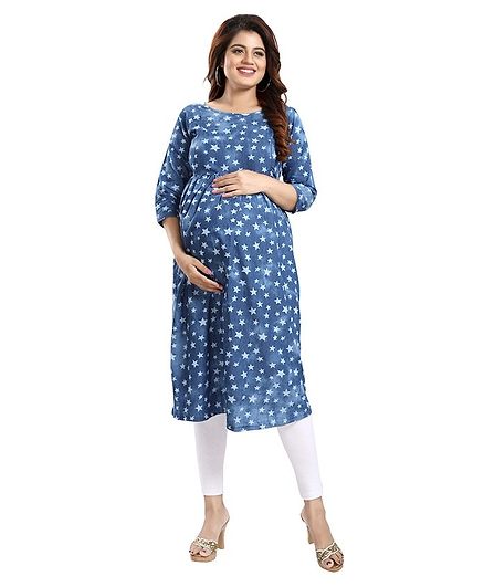 Mamma's Maternity All Over Stars Printed Three Fourth Sleeves Nursing Kurta - Blue