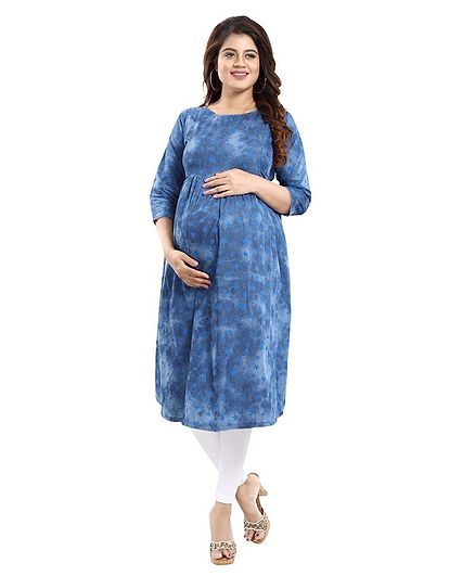 Mamma's Maternity All Over Stars Printed Three Fourth Sleeves Nursing Kurta - Blue