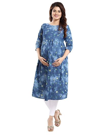 Mamma's Maternity All Over Stars Printed Three Fourth Sleeves Nursing Kurta - Blue
