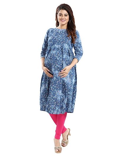 Mamma's Maternity All Over Stars Printed Three Fourth Sleeves Nursing Kurta - Blue
