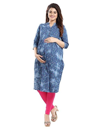 Mamma's Maternity Three Fourth Sleeves Flower Printed Nursing Kurta - Blue