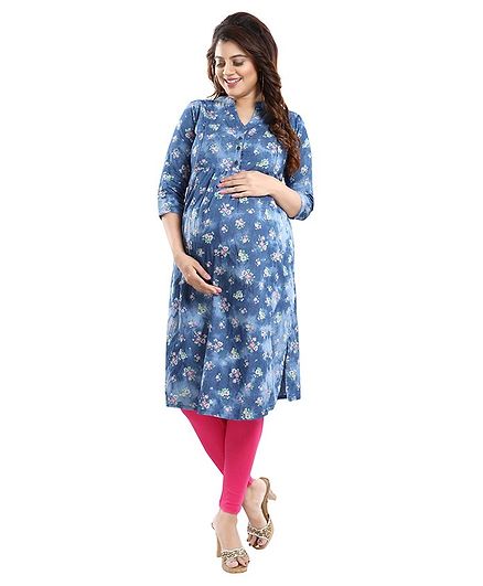 Mamma's Maternity Three Fourth Sleeves Flower Printed Nursing Kurta - Blue