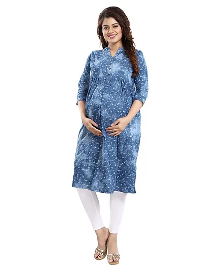 Mamma's Maternity Three Fourth Sleeves Flower Printed Nursing Kurta - Blue