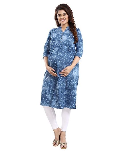 Mamma's Maternity Three Fourth Sleeves Flower Printed Nursing Kurta - Blue