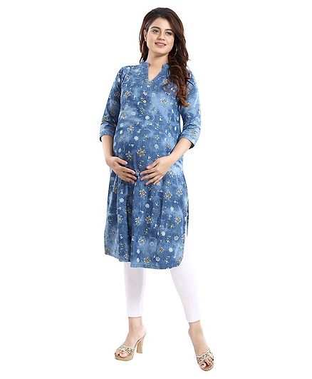 Mamma's Maternity Three Fourth Sleeves Flower Printed Nursing Kurta - Blue