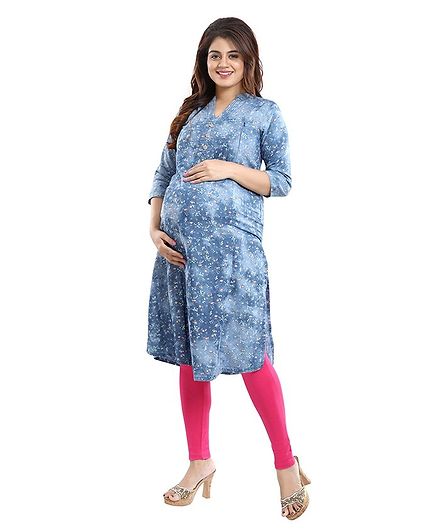 Mamma's Maternity Three Fourth Sleeves Flower Printed Nursing Kurta - Light Blue