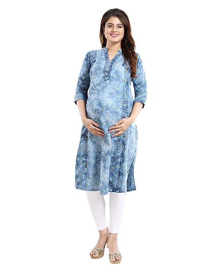 Mamma's Maternity Three Fourth Sleeves Flower Printed Nursing Kurta - Light Blue