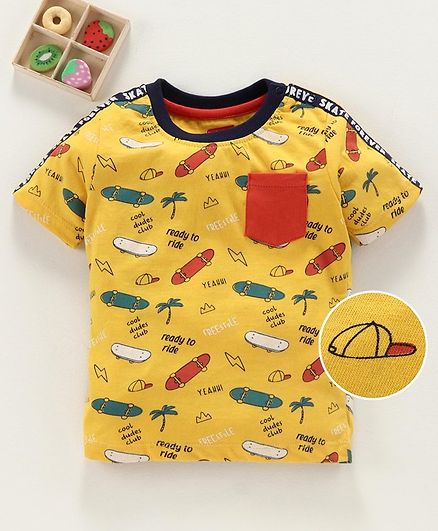 Babyhug Half Sleeves Tee Skateboard Print - Yellow