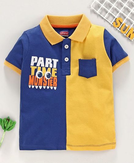 Babyhug Half Sleeves Tee Monster Print - Yellow Blue