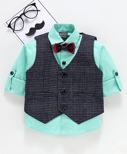 Rikidoos Roll Up Full Sleeves Shirt With Printed Waistcoat & Bow Tie - Navy Blue & Green