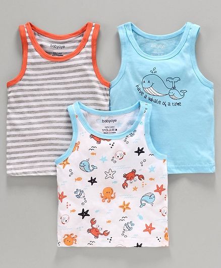 Babyoye Cotton Striped and Printed Sleeveless Vest Pack of 3 - Blue White