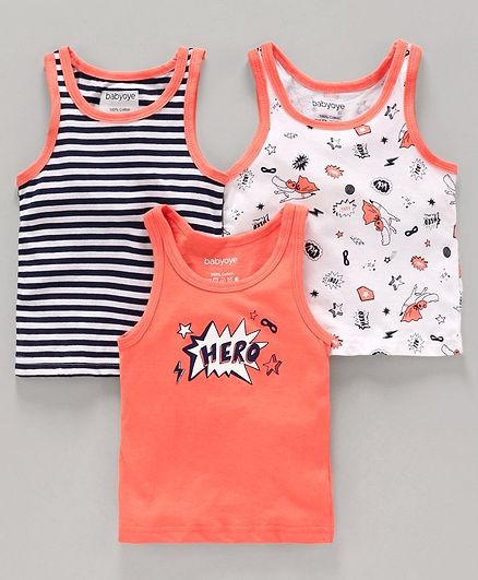 Babyoye Cotton Striped and Printed Sleeveless Vest Pack of 3 - Orange White Black