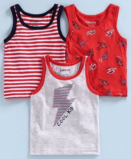 Babyoye Cotton Sleeveless Striped and Printed Vest Pack of 3 - Red Grey