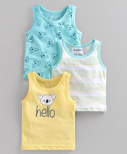 Babyoye Cotton Striped & Printed Sleeveless Vest Pack of 3 - Blue White Yellow
